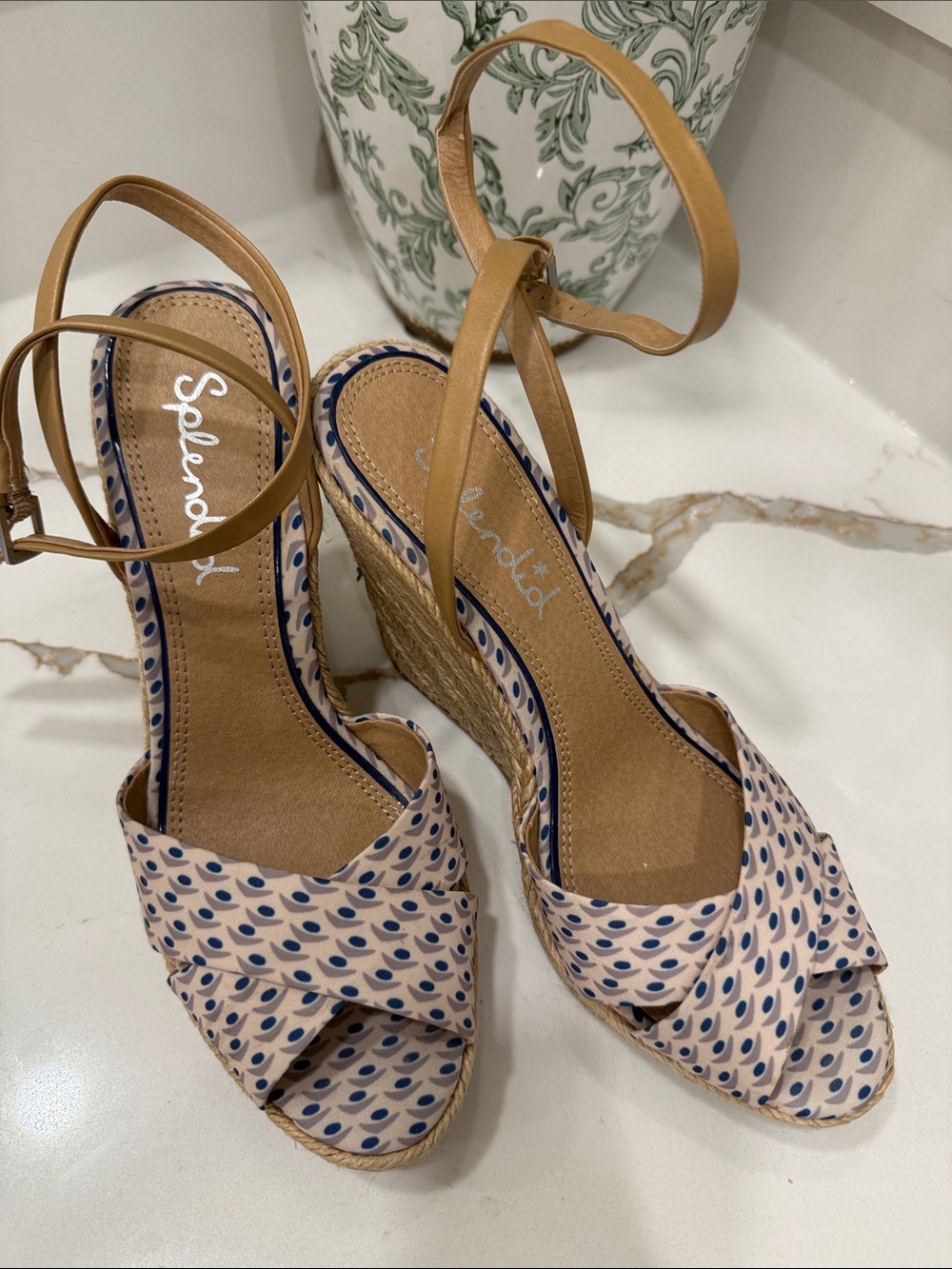 Splendid Tan and Blue Patterned Espadrille Wedges